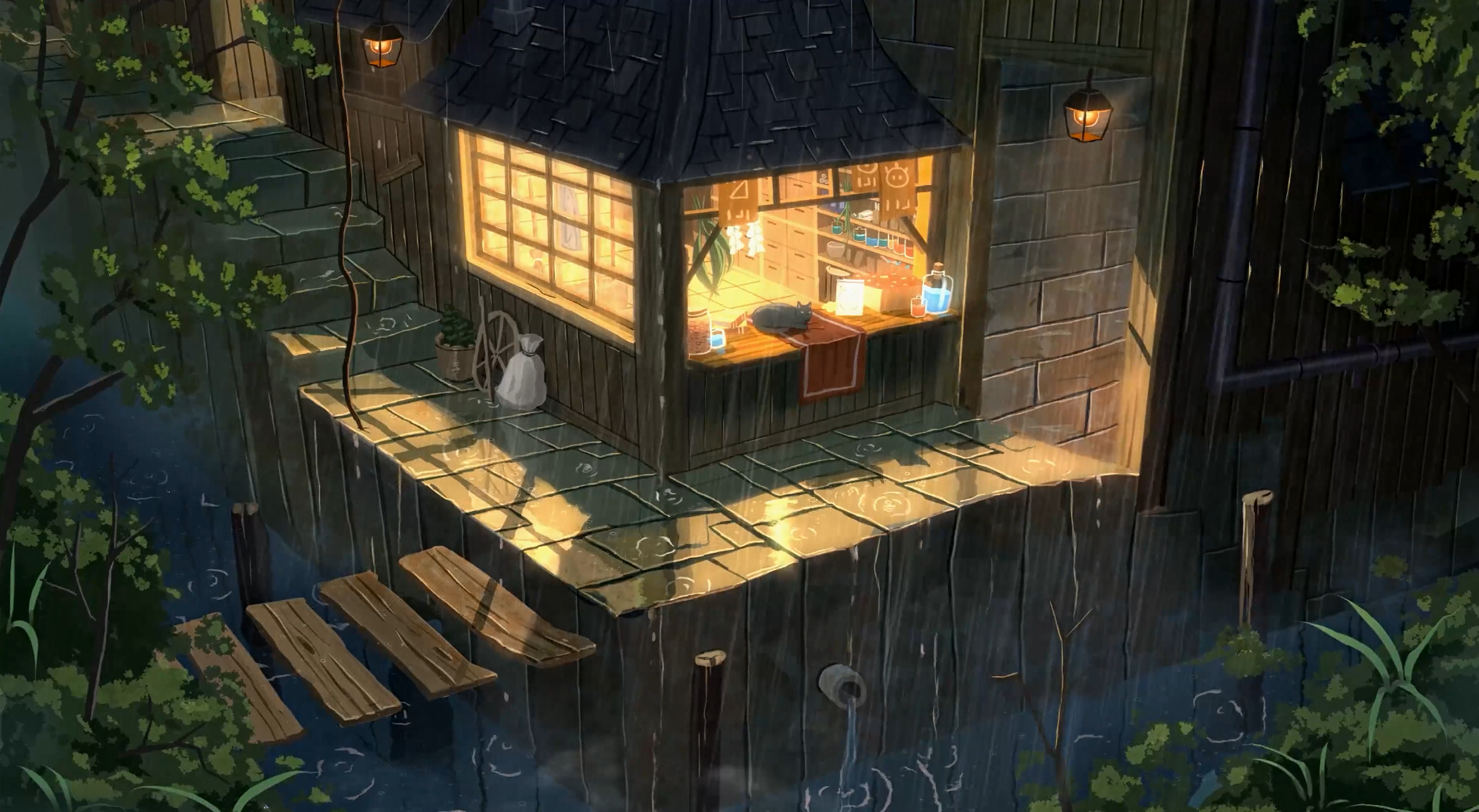 Rainy Night at the Corner Store 4K Live Wallpaper